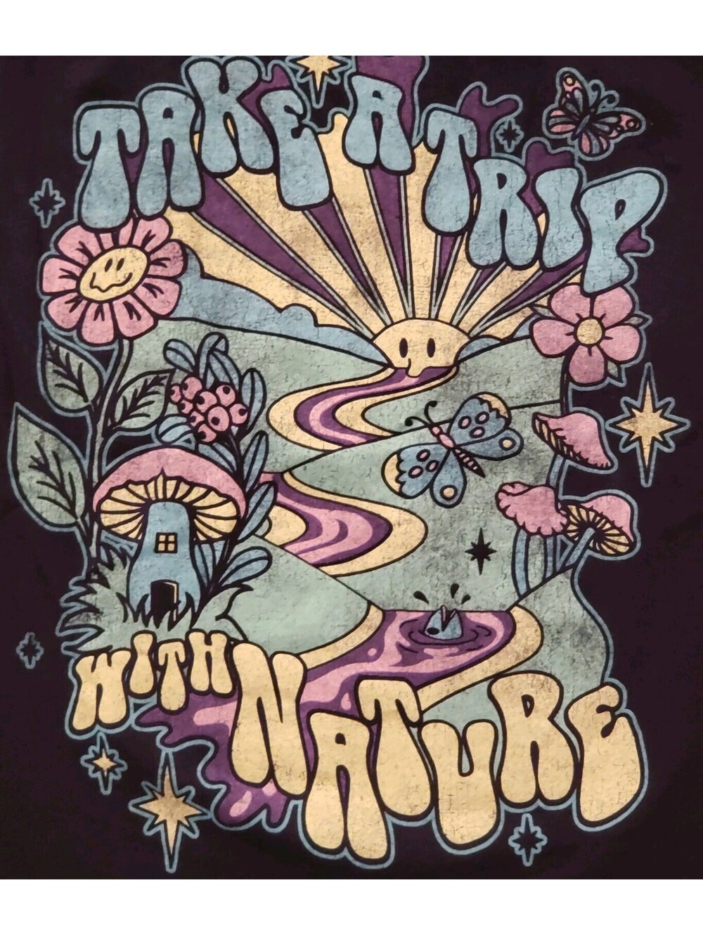 DOM Take A Trip With Nature Mushroom Graphic Tee Women’s Size S Black Blue Shirt - Picture 2 of 4